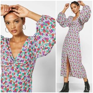 Topshop Floral Twist Front Long Sleeve Midi Dress Size 6 EUC